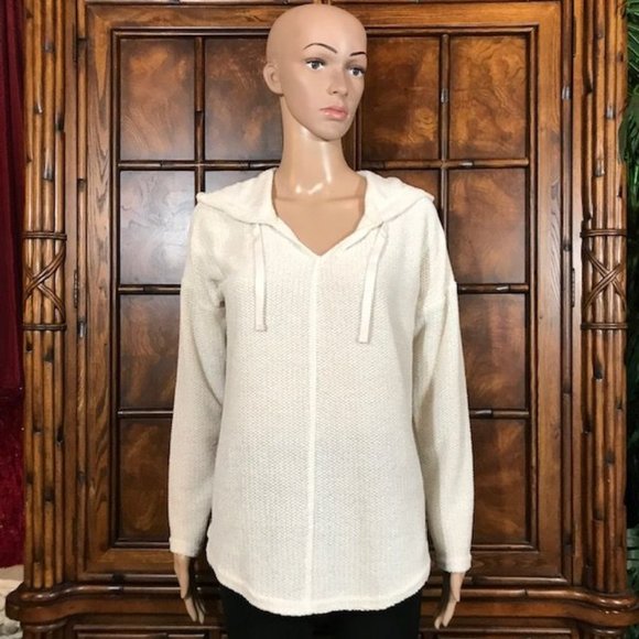 NWOT Tribal Ivory Chenille Drawstring Grommet Curved Hem Sweater Hoodie - Picture 2 of 16